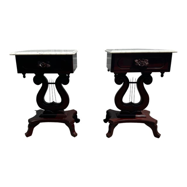 Mid 19th Century Victorian Mahogany Marble Top Harp - Lyre End Tables - a Pair For Sale