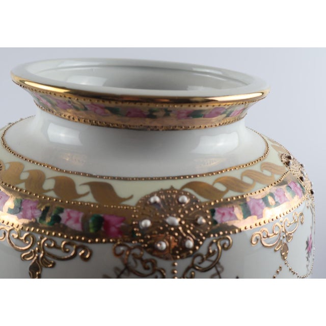 Traditional Tall Hand-Painted Porcelain Vase With Raised Gold & Jeweled Enamel, European Style, 16” For Sale - Image 3 of 8