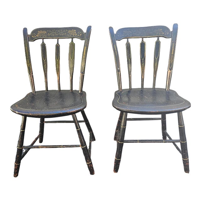 Pair of 19th Century Early American Ebonized and Decorated Side Chairs For Sale
