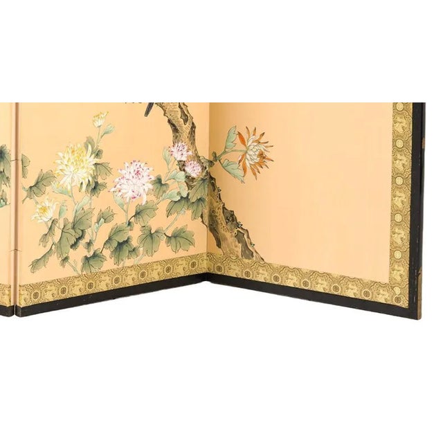 Mid 20th Century Mid 20th Century Japanese Four-Panel Hand-Painted Silk Byōbu Screen With Birds & Blossoms For Sale - Image 5 of 7