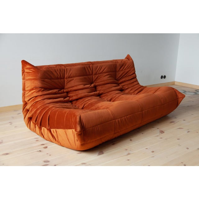 Amber Togo Velvet Corner Chair, Two and Three Seater Sofas by Michel Ducaroy for Ligne Roset, 1979, Set of 3 For Sale - Image 3 of 12