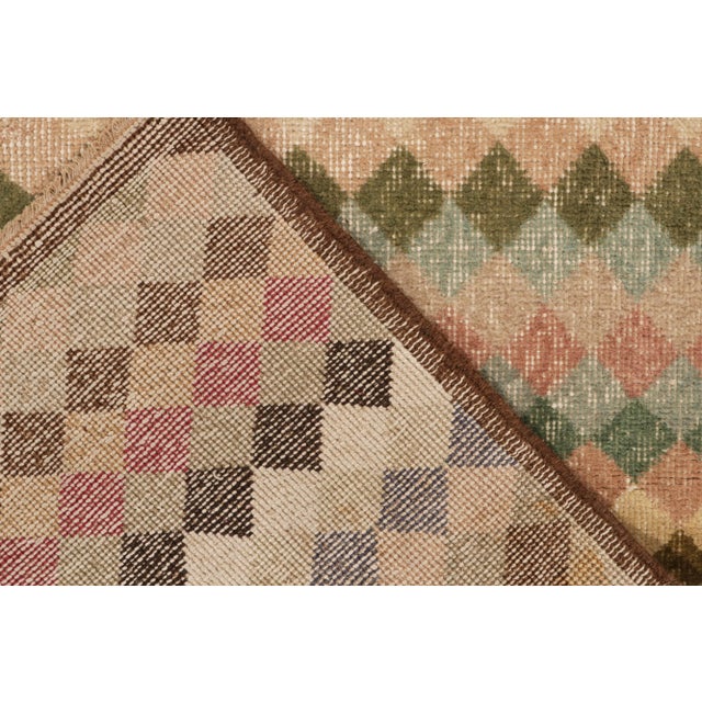 Textile 1960s Vintage Distressed Art Deco Rug in Brown, Pink and Blue Geometric Pattern For Sale - Image 7 of 8