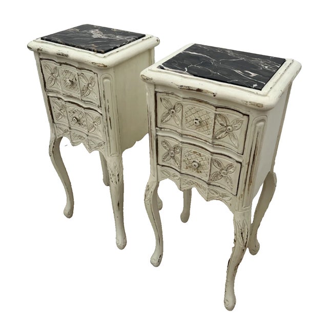 Shabby Chic Early 20th Century French Nightstands Bedside Chests Marble Top Shabby Chic Distressed Petite Size For Sale - Image 3 of 11