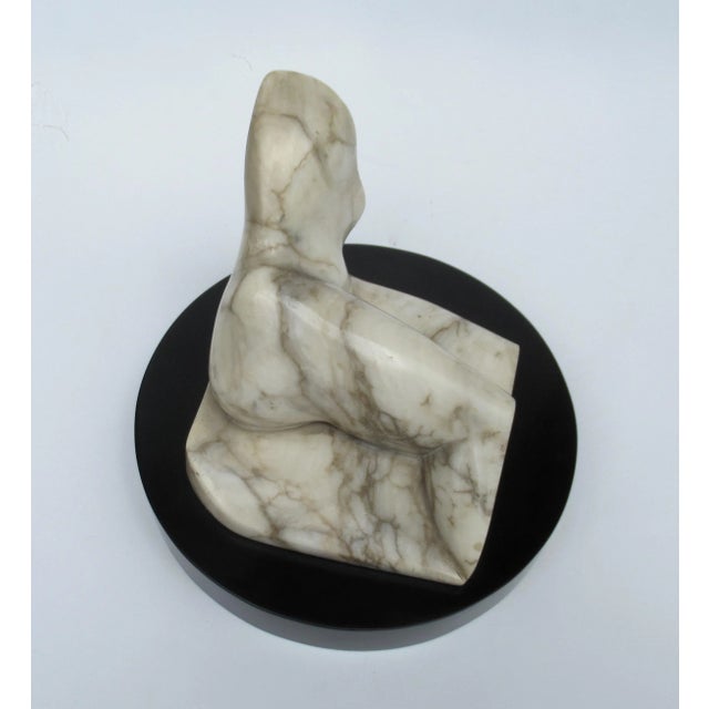 1970s C.1970's Italian Carrara Marble Carved & Honed Reclined Female Figure Sculpture, Mounted on Round Black Marble Base For Sale - Image 5 of 13