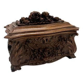 19th Century, Black Forest Carved Walnut Jewelry Casket Brienz Region For Sale
