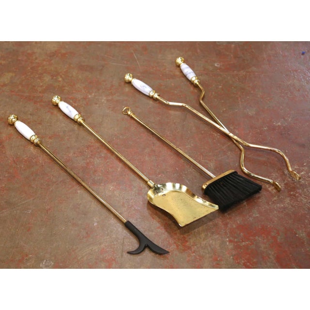 Mid-Century French Brass and Marble Five-Piece Fireplace Tool Set With Stand For Sale - Image 4 of 10