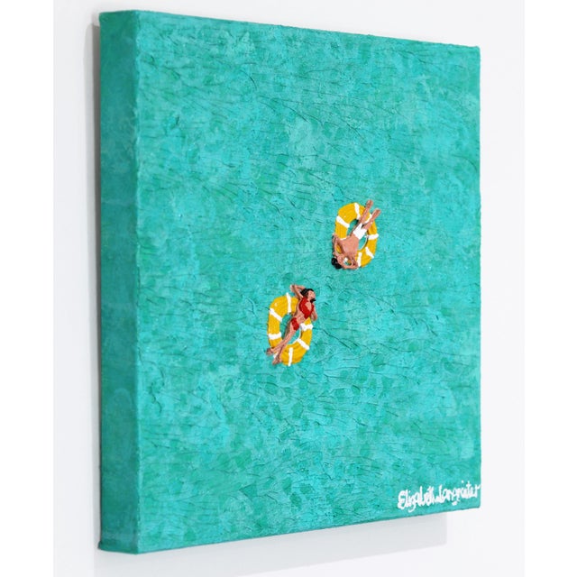 Original Textured Square Painting Swimmers in Water ''Going Nowhere Day 4'' Original Blue Ocean 3-D Acrylic on Canvas Artwork by Elizabeth Langreiter For Sale In Los Angeles - Image 6 of 9