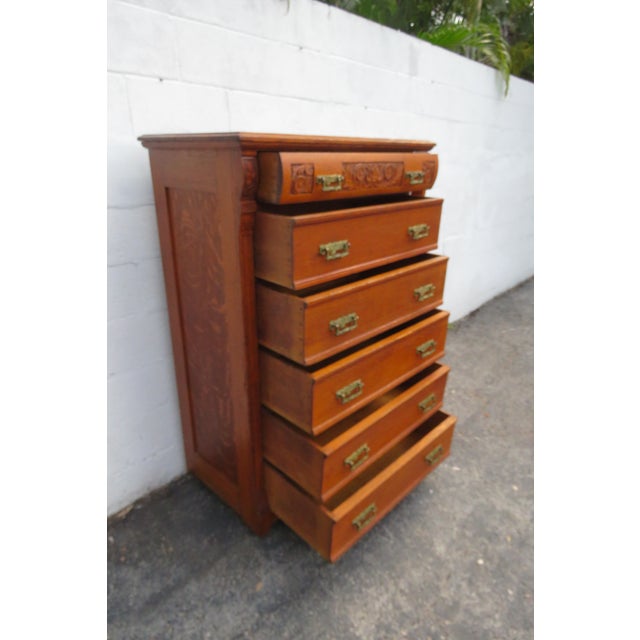 Late 1800s Carved Tiger Oak Tall Chest of Drawers With Working Key For Sale - Image 4 of 11