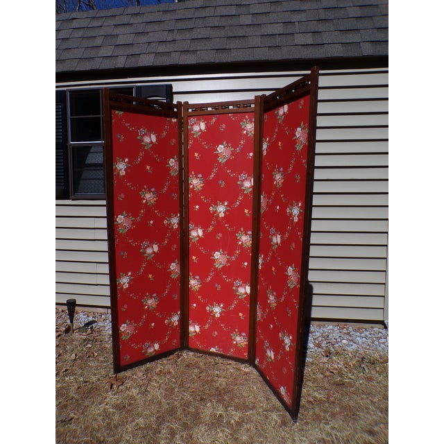 Wood Vintage 3 Panel Folding Room Divider Double Sided Privacy Dressing Screen For Sale - Image 7 of 12
