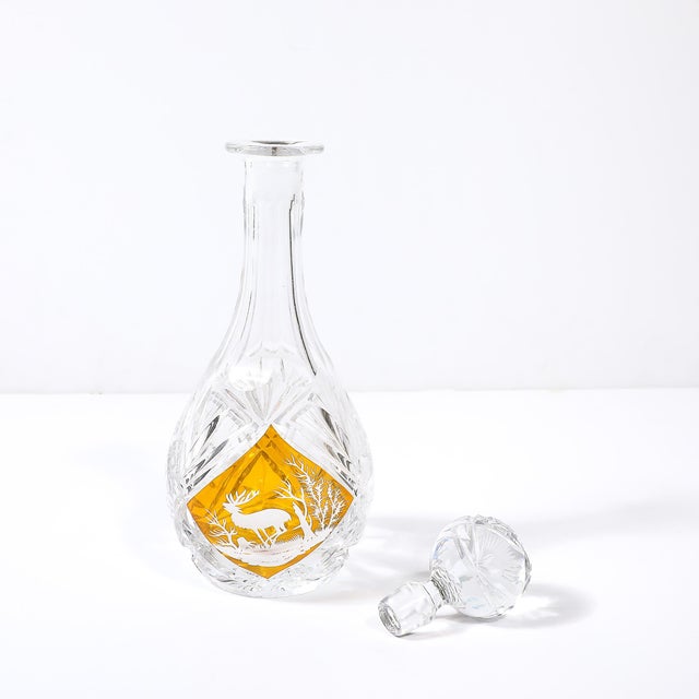 Mid-Century Modernist Cut Crystal Decanter W/ Engraved Naturalist Scene in Amber For Sale - Image 13 of 18