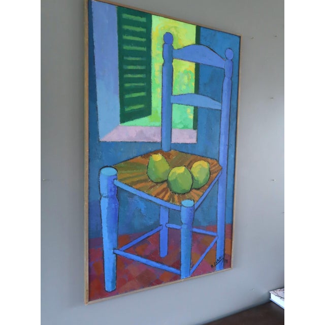 1978 Modernist 'Still Life With Blue Chair' Vintage Original Interiors Oil Painting, Framed For Sale - Image 4 of 14