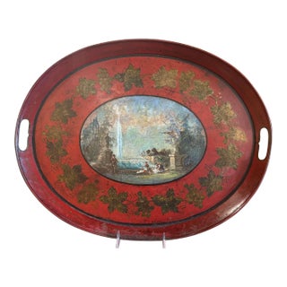 19th Century French Hand-Painted Oval Tole Tray With Romantic Landscape For Sale