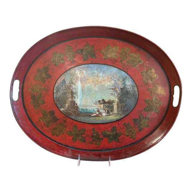19th Century French Hand-Painted Oval Tole Tray With Romantic Landscape For Sale