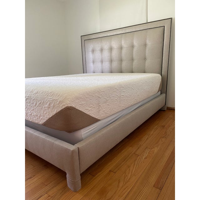 Simple sophistication! Ethan Allen hand tailored custom Jensen bed frame in California King size. Beautiful greige stain-...