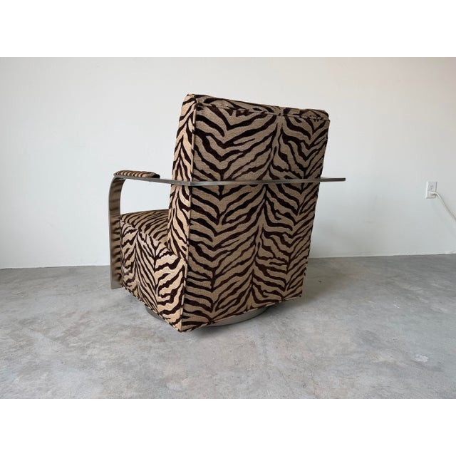 Thayer Goggin “Zac” Zebra Print Swivel Lounge Chair in Brushed Stainless Steel For Sale - Image 10 of 12