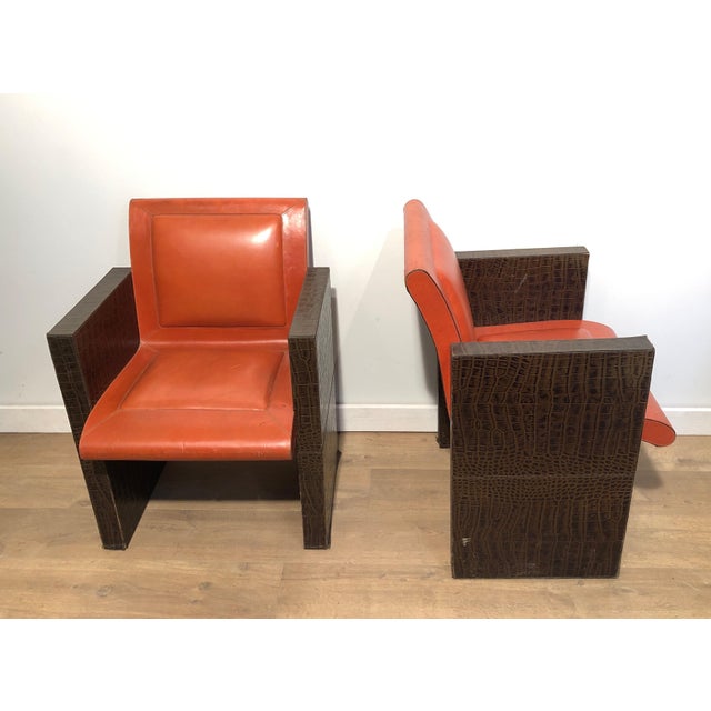 Wood 1970s French Orangeish and Brown Leather Armchairs - a Pair For Sale - Image 7 of 12