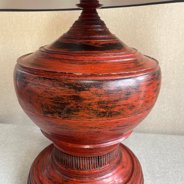 Stunning Vintage Red Lacquer Burmese Offering Bowl Lamp. Crafted from an authentic Burmese offering bowl with a vibrant...