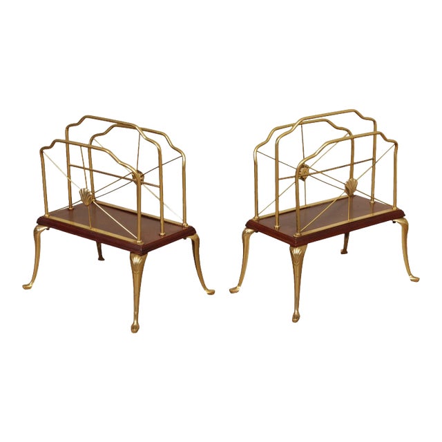 Decorative Crafts Inc. Regency Style Brass and Cherry Magazine Racks - A Pair For Sale
