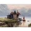 River Landscape with Water Mill in the Lake District of England with Lush Trees, Vintage Oil Painting by British Artist,...