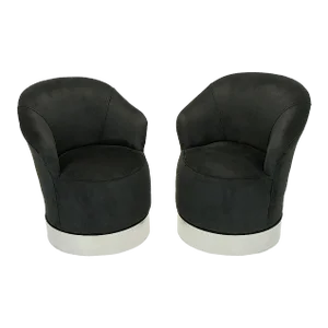 1980s Pair of Sally Sirkin Lewis Blue and Black Ultrasuede Swivel Club Chairs