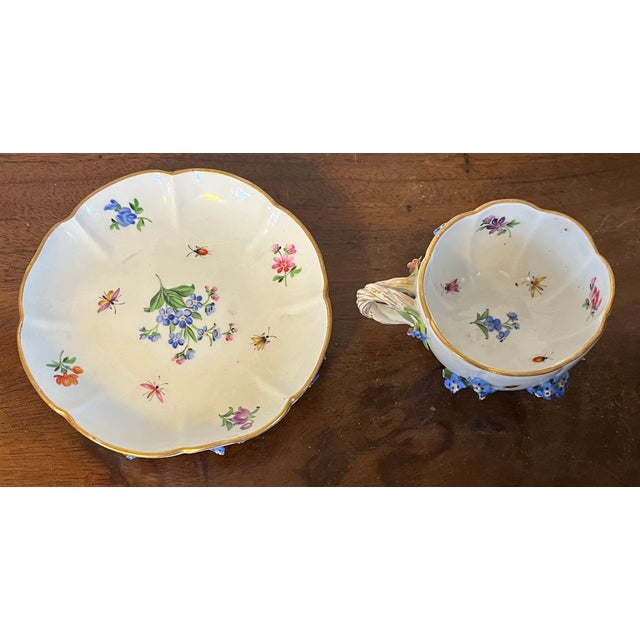 Rococo Antique Meissen Porcelain Tea Cup and Saucer With Applied Flowers and Hand Painted Insects For Sale - Image 3 of 12
