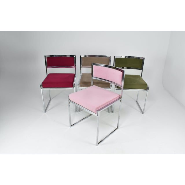 Willy Rizzo Set of “Sq-Al” Dining Chairs by Willy Rizzo, Chrome and Velvet, Italy, 1970s For Sale - Image 4 of 14