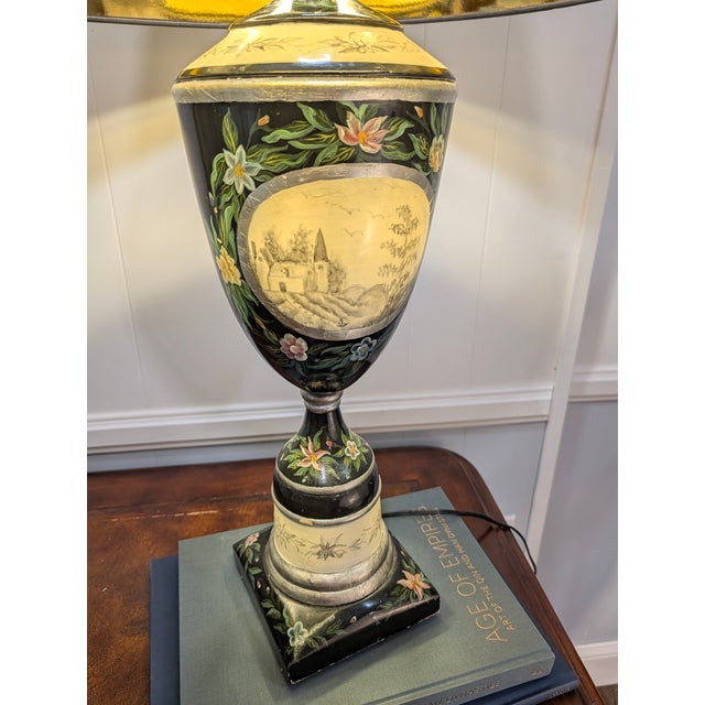 Lights Large Vintage Hand-Painted Chinoiserie Black Lacquer Urn Table Lamp For Sale - Image 7 of 10