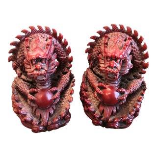 Vintage Heavy Deep Red Asian Chinoiserie Fiery Dragon Bookends- a Pair For Sale