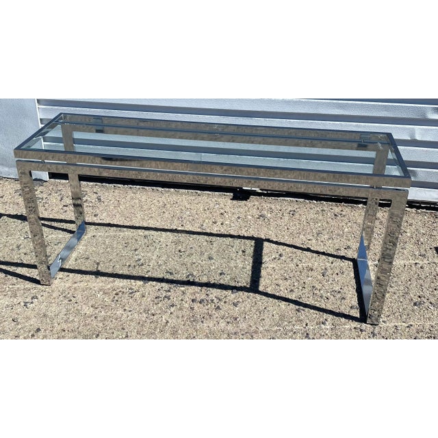 Mid Century Modern Chrome and Glass Sofa Table. In the style of Milo Baughman. Sleek, shiny chrome. Rust Free.