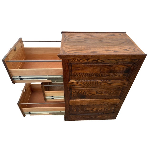 Vintage Tiger Oak File Cabinet Three Locking Drawers Paneled Sides Legal Size For Sale In Palm Springs - Image 6 of 11