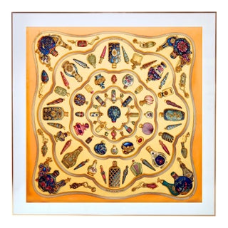 Framed Hermès Silk Scarf "Flacons" by Catherine Baschet - Orange Gold Frame For Sale