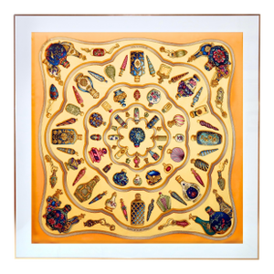 Framed Hermès Silk Scarf "Flacons" by Catherine Baschet - Orange Gold Frame