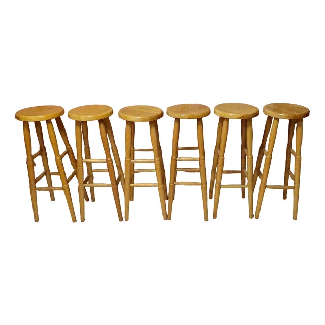 Polish Wooden Bar Stools, 1970s, Set of 6 For Sale