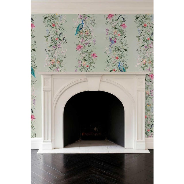 Chinoiserie Mahjong Floral Stripe Grasscloth Wallpaper by House Party | Green Dragon | 8 Yards For Sale - Image 3 of 7