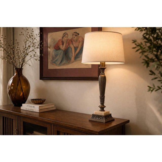 Mid 20th Century Vintage Rembrandt Pewter & Onyx Table Lamp With Linen Shade — Neoclassical Revival Form (L271) For Sale - Image 5 of 6