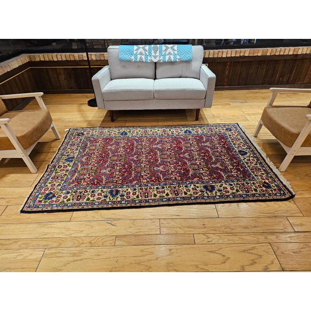 Textile Vintage Persian Tabriz Area Rug, Hand-Knotted Wool, All Over Tree of Life Pattern, Magenta & Yellow, 5x7 For Sale - Image 7 of 16