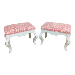 Vintage Chinoiserie Chic Pair of Pink & White Nautilus Shell Upholstered Ottomans / Stools For Sale