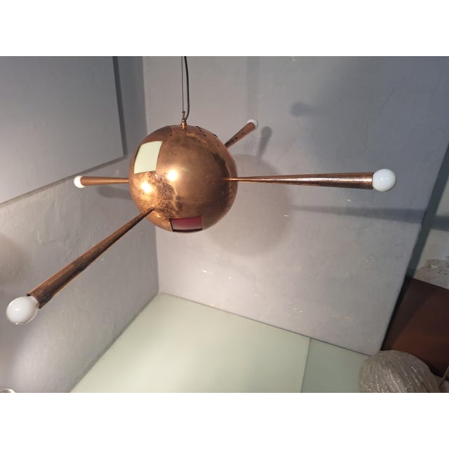 Chandelier in Copper Brass and Colored Glass 4 Copper Cones For Sale - Image 9 of 18