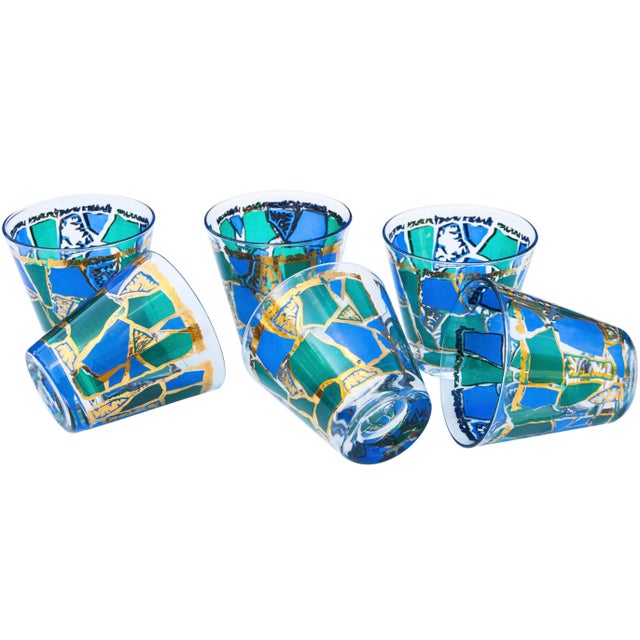 Mid 20th Century Vintage Blue & Green Golden-Patterned Culver Rocks Glasses - Set of 6 For Sale - Image 5 of 7