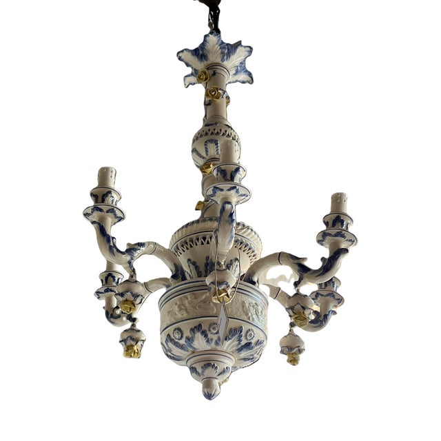 Blue and White Decorated Ceramic Chandelier, 1960s For Sale
