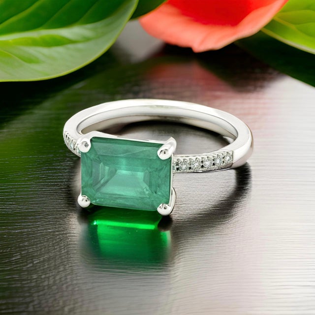 Traditional Natural Emerald Diamond Ring Size 6.5 14k Gold 1.95 TCW Certified For Sale - Image 3 of 11