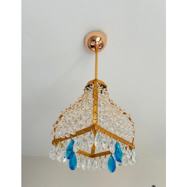 Vintage French Empire Brass & Crystal Pendant Light With Aqua Blue Drops - Restored For Sale - Image 4 of 17