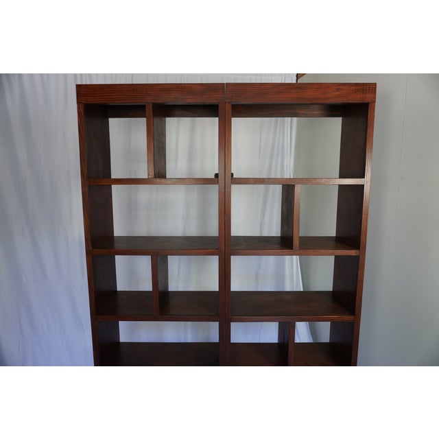 Handcrafted Solid Wood Bookcase Set | Custom Library Wall | Hickory Stain Bookshelf, 2 Pieces For Sale - Image 16 of 17