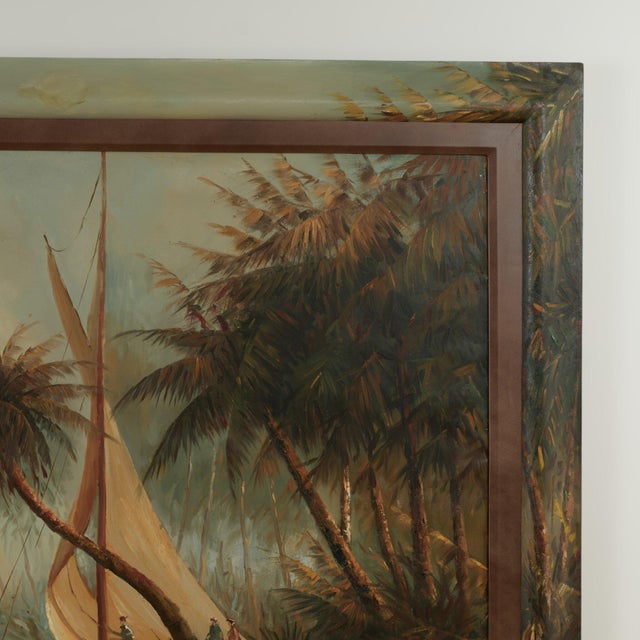 Large Tropical Painting of a Boat With Palm Trees For Sale - Image 4 of 13