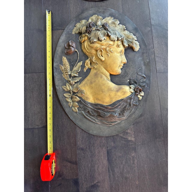 Mid 20th Century Pair of Oval Art Nouveau Gilt Metal Bas Relief Figure Bust Cameo Wall Plaques 23"x17" For Sale - Image 9 of 10