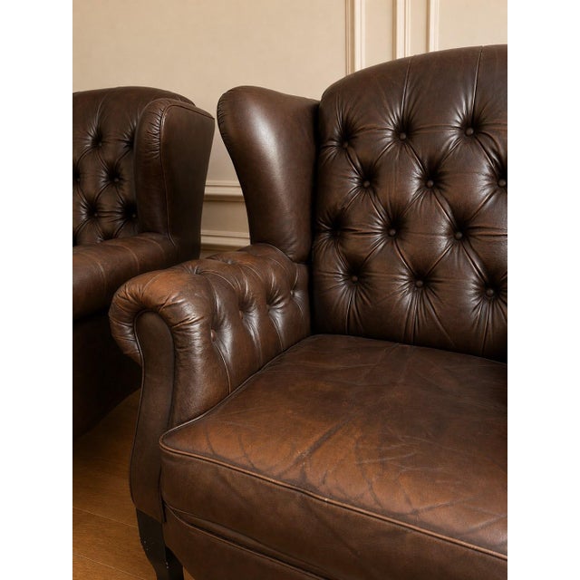 Pair of Mid-Century European Chesterfield-Style Tufted Leather Lounge Chairs, Circa 1960 For Sale - Image 4 of 7