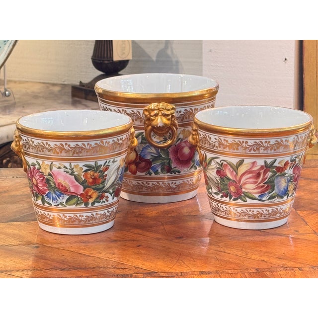 Set of Three Porcelain Cachepots With Floral Decoration and Gilt Lion Mask Handles For Sale - Image 4 of 7