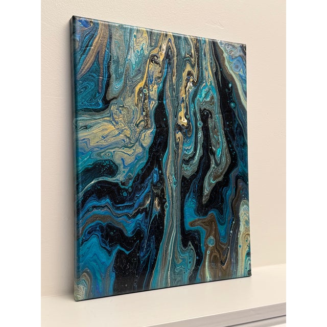 Contemporary Vintage Contemporary Abstract Expressionism "Marble" Original Oil Painting, Blue, Teal, Gold For Sale - Image 3 of 12