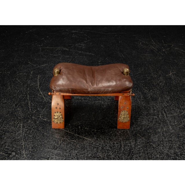 Moroccan Camel Saddle Stool in Stained Wood with Brass and Leather, 1980s For Sale - Image 12 of 18