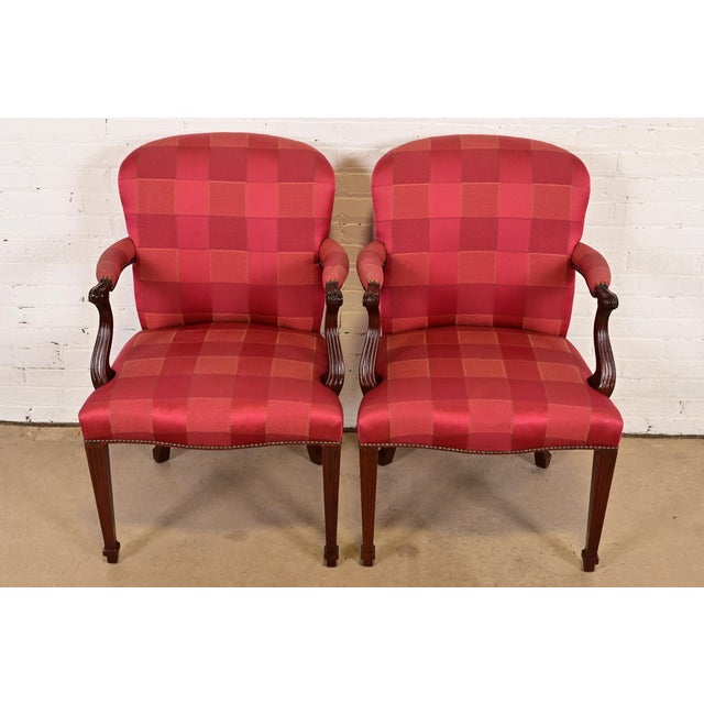 English Baker Furniture English Regency Carved Mahogany Upholstered Armchairs or Dining Captain Chairs, Pair For Sale - Image 3 of 13